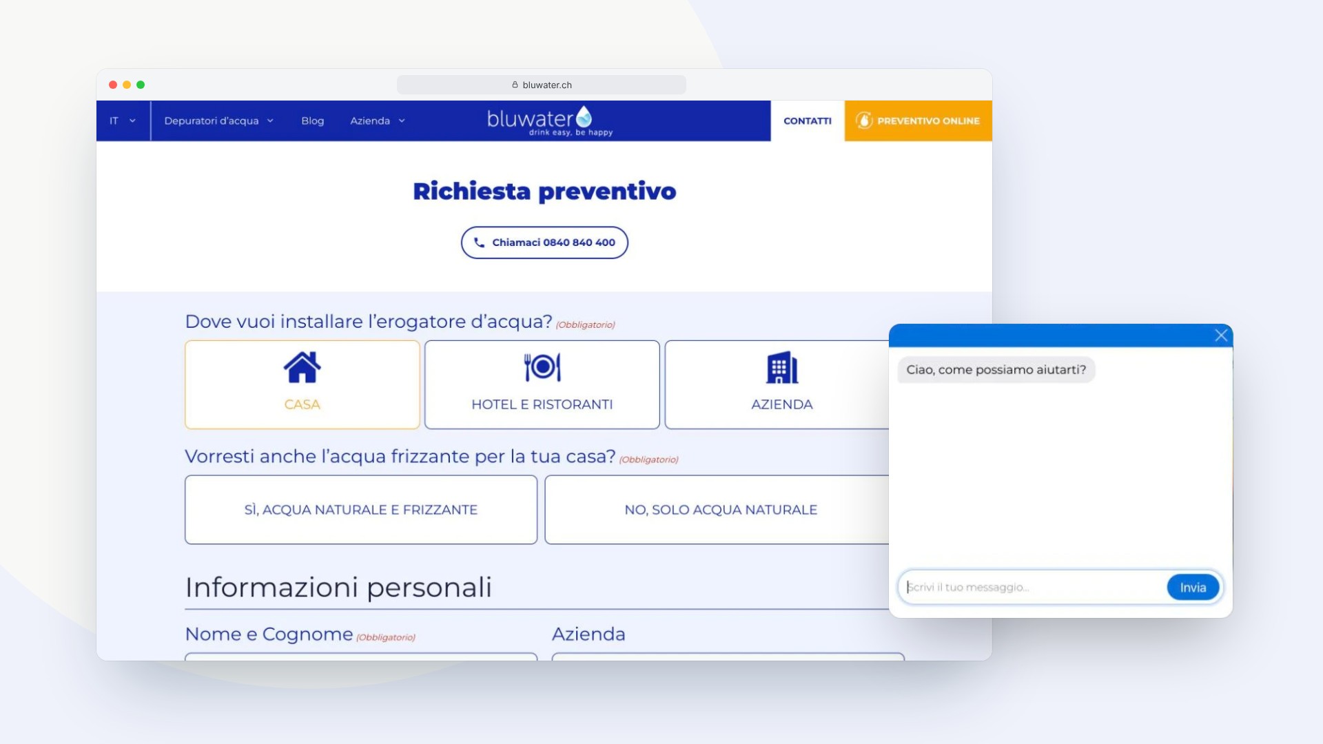 Bluwater, desktop · preventivo e chat ai